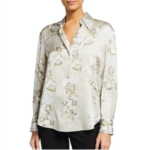 Vince 100% Silk Floral Green Blouse Top Shirt Women's Size XS Hazy Blossom
